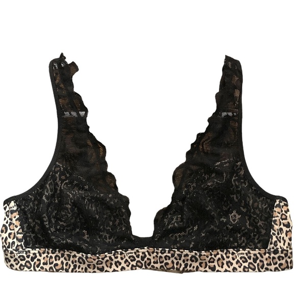 PINK Victoria's Secret Other - Victoria’s Secret PINK Unlined Plunge Bralette Lace Bra Black Animal Print M